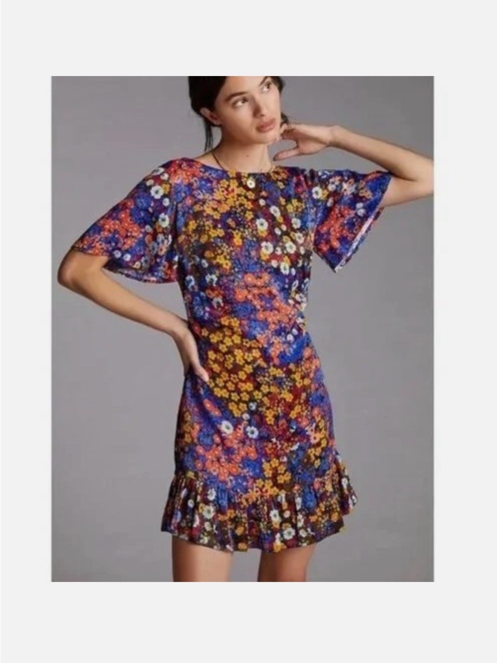 Anthropologie Blue Multi Floral Ruffle-Hem Mini Dress